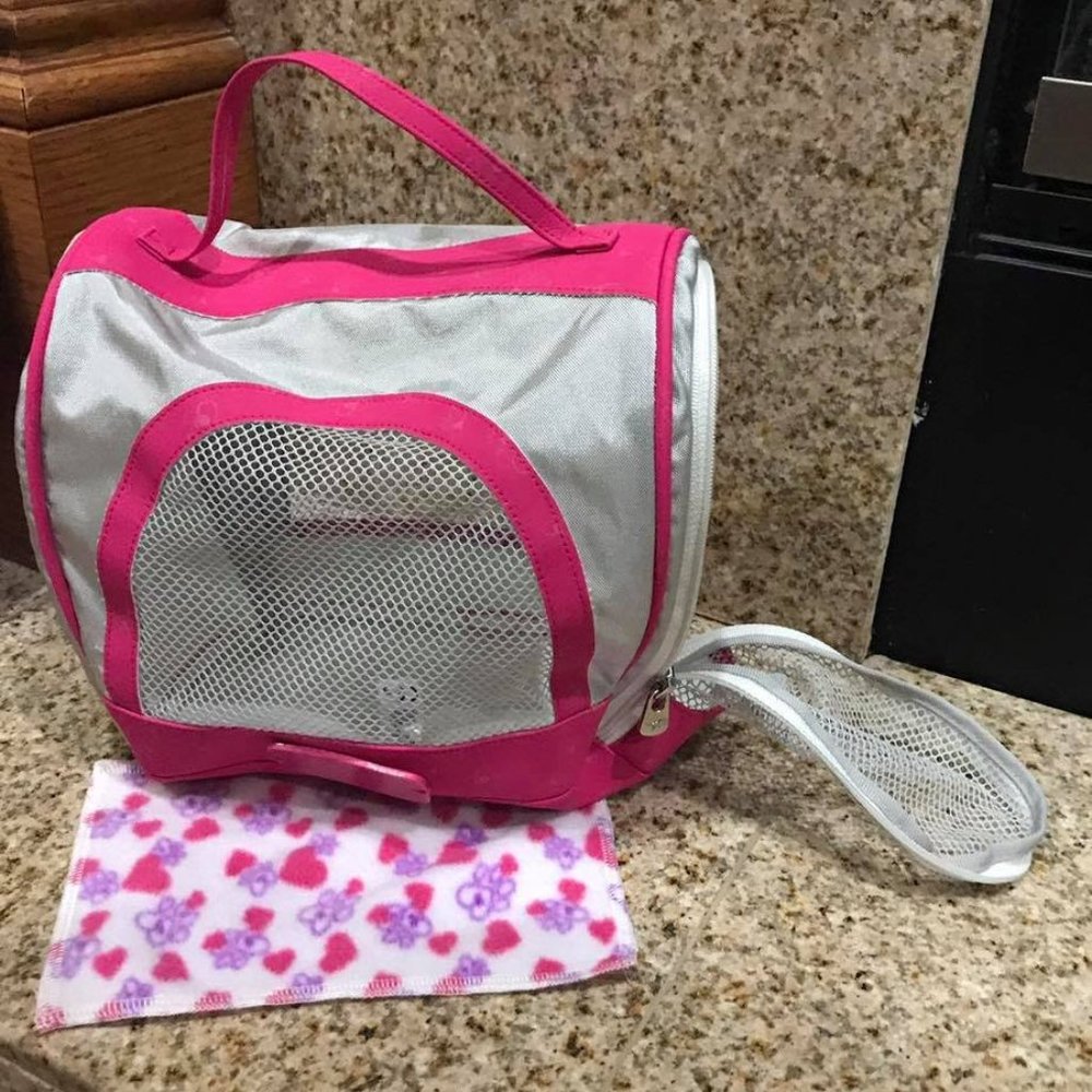 American Girl - RETIRED - American Girl Gray/Pink Travel Pet Carrier & Blanket